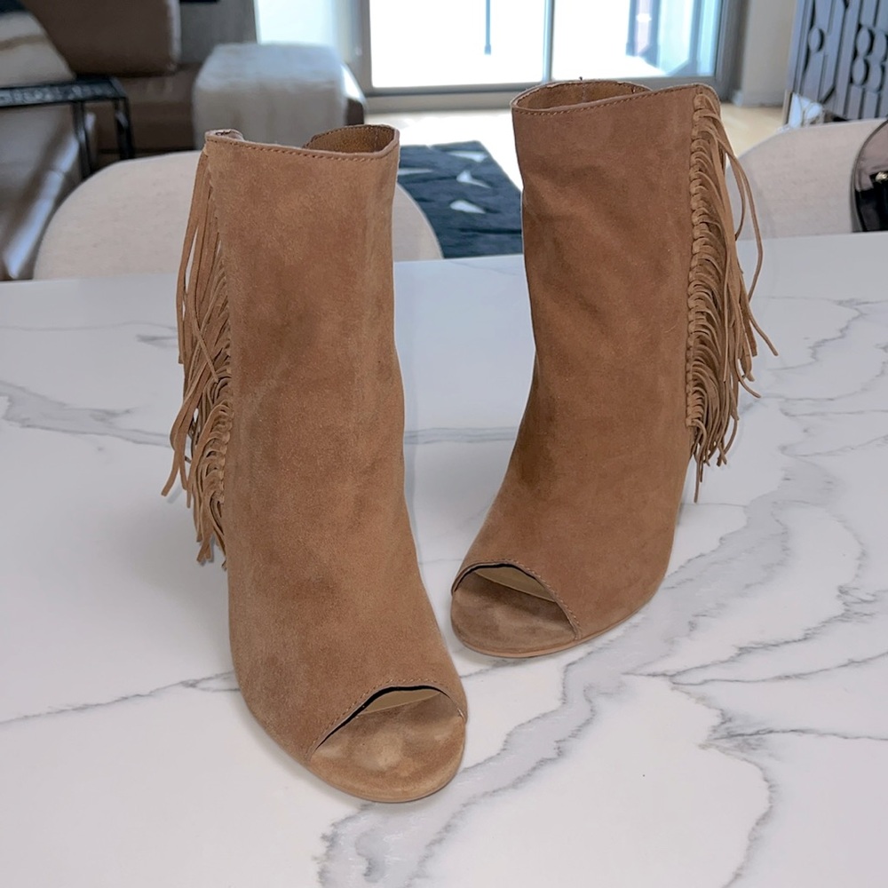 Fringe Suede Open Toe Tan Neutral Bootie 4” heel - Dolce Vita! Nashville chic!